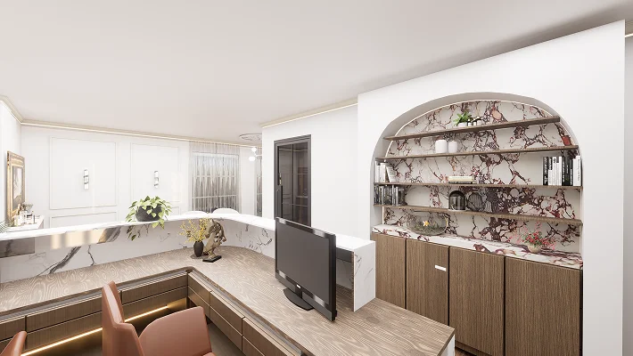 Modern reception area with a wooden desk, arched shelving featuring floral wallpaper, and a computer monitor.